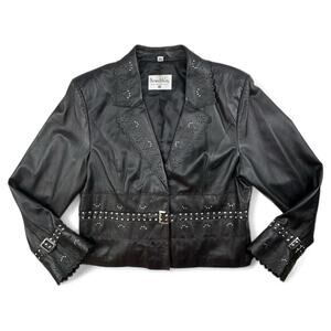 Pamela McCoy Black Leather Blazer Eyelet Cut Stud Accent Trumpet Sleeve Womens L